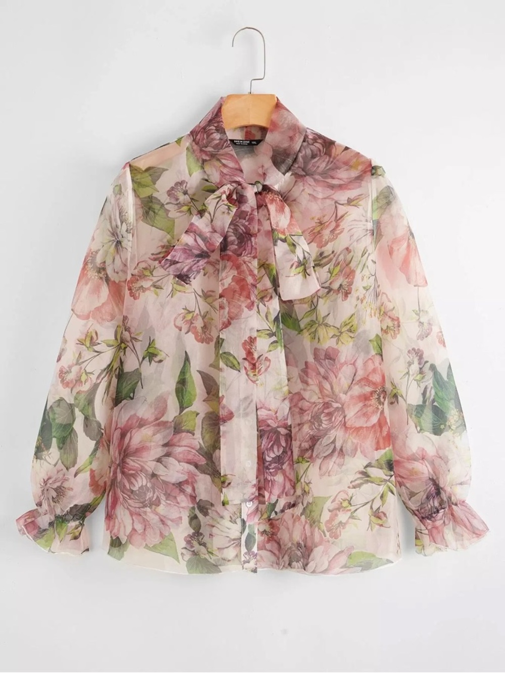 Sheer Floral Tie-Neck Blouse